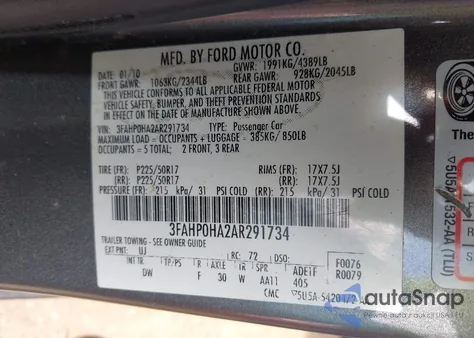 2010 Ford Fusion Se z USA, uszkodzony, nr VIN 3FAHP0HA2AR291734